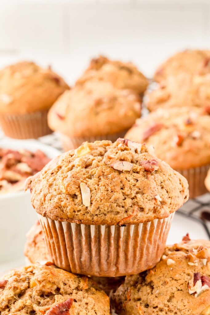 Gluten free morning glory muffin topped with pecans