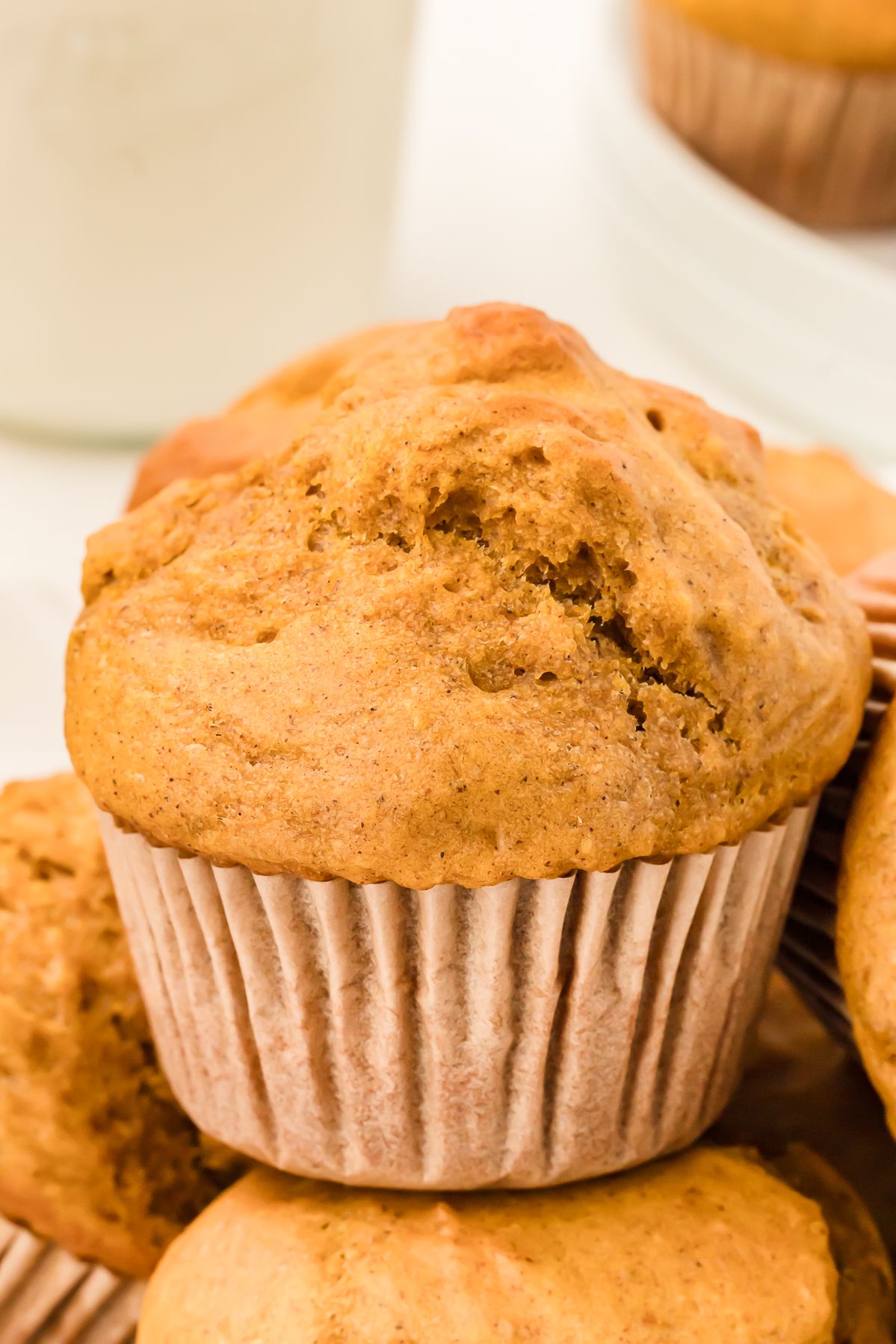 Close up of a domed healthy pumpkin muffin