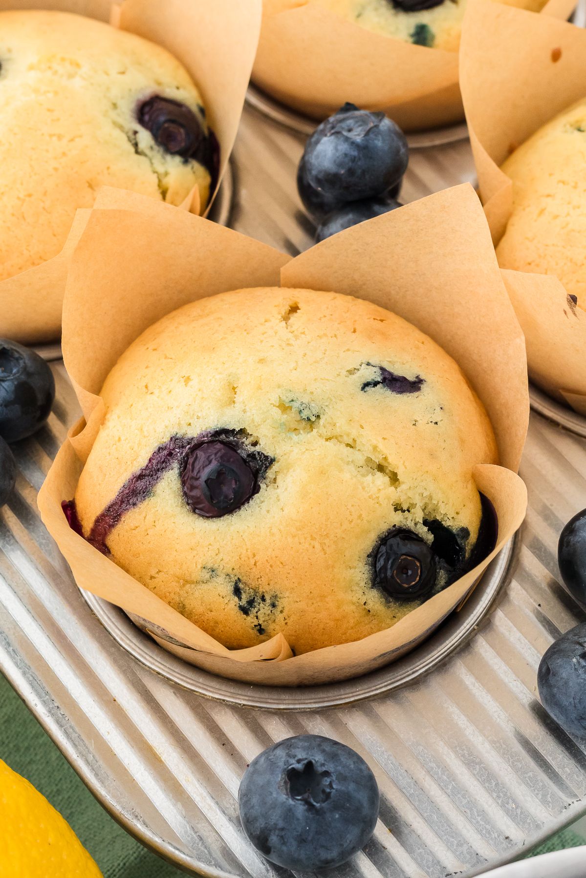 Close up of a golden lemon blueberry muffin