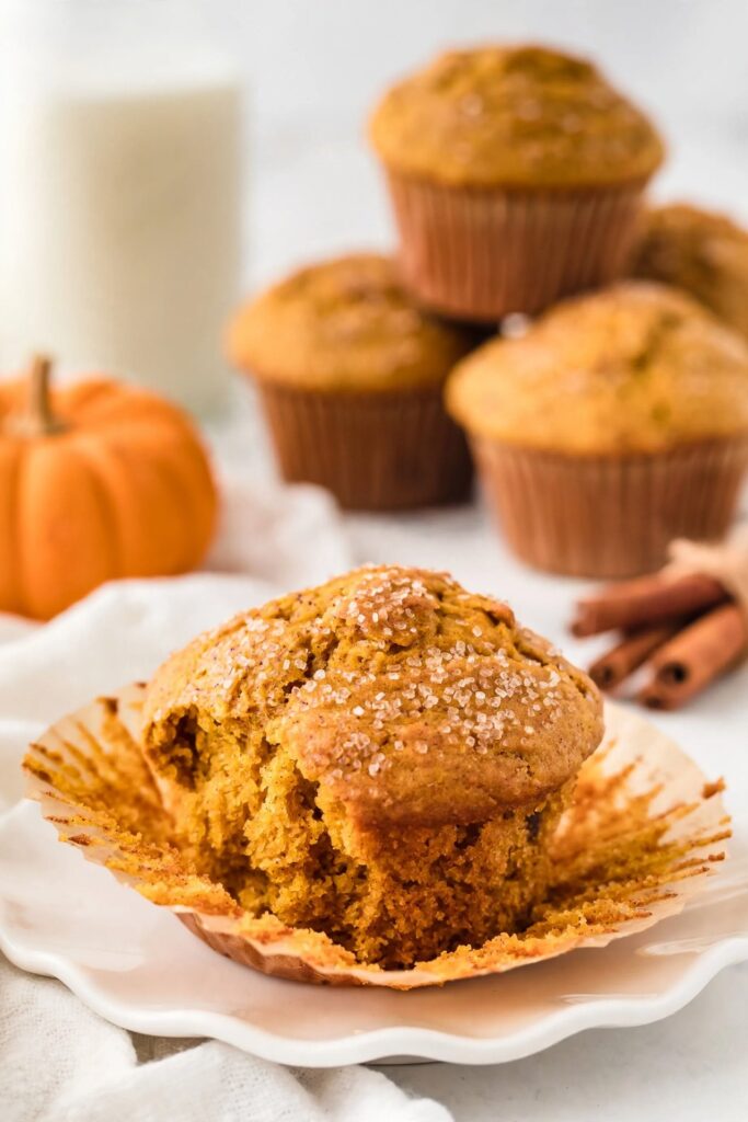 Pumpkin muffin with cinnamon sugar top on a plate with a small pumpkin